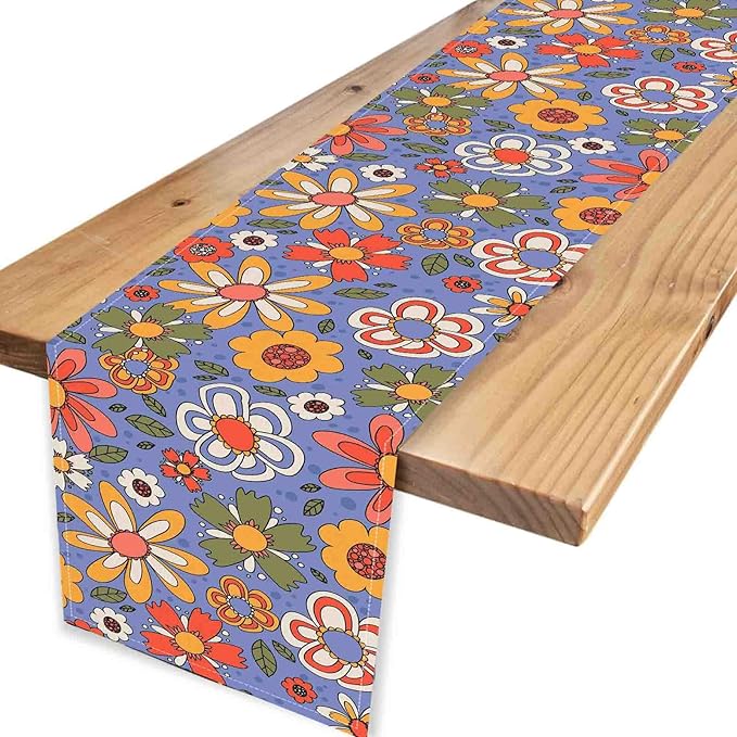 70s Floral Table Runner, Retro Groovy Hippie Lovely Floral Funky Daisy Trippy Coffee Table Center Decor for Home Kitchen Dining Patio Holiday Party Indoor Outdoor Table Decorations, 13"x72" Inch