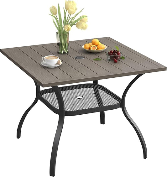 VICLLAX Patio Dining Table for 4 Square Metal Outdoor Table with Umbrella Hole and Storage Shelf for Garden Lawn Balcony Deck, Grey