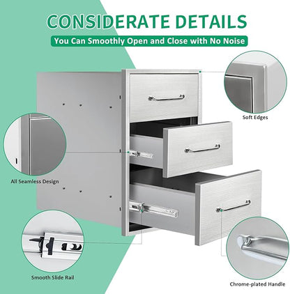 Outdoor Kitchen Drawers 14" W x 21" H x 21" D Stainless Steel Triple Drawers with Ergonomic Handle for BBQ Island, Patio Grill Station & Outdoor Kitchen Cabinets