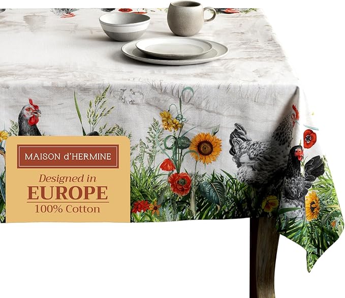 Maison d' Hermine Table Cloth Rectangle Table 100% Cotton 70 x 120 Inches Tablecloth Reusable Decorative for Dining Room, Farmhouse, Home, Party, Festive & Wedding Spring Summer - Basse Cour