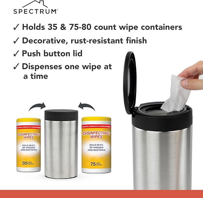 Spectrum Disinfecting Wipes Container Satin Nickel Refillable Stainless Steel Wipe Holder for Bathroom Kitchen School Classroom, Reuseable Push Button Wet Wipe Dispenser for Cleaning Countertop