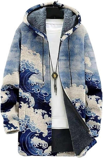 Men's Hooded Sweater Coat Knit Fleece Lined Long Cardigan Jacket with Zip Front Pocket Vintage Casual Zip Up