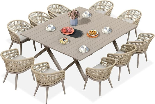 PURPLE LEAF 12 Pieces Outdoor Dining Sets All-Weather PE Rattan Outdoor Patio Furniture Set with All Aluminum Frame Outdoor Table and Chairs Set for Lawn Garden Backyard Deck, Champagne