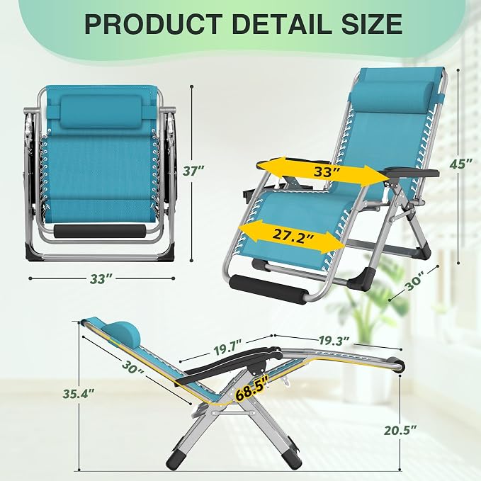 Suteck Oversized Zero Gravity Chair, 500LBS 33In XXL Outdoor Recliner Chairs | - Image 2