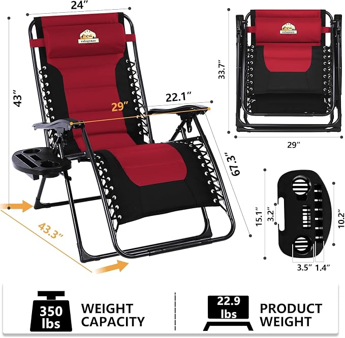Colegence Oversized Padded Zero Gravity Chairs, Burgundy | Two padded recliners - Image 3