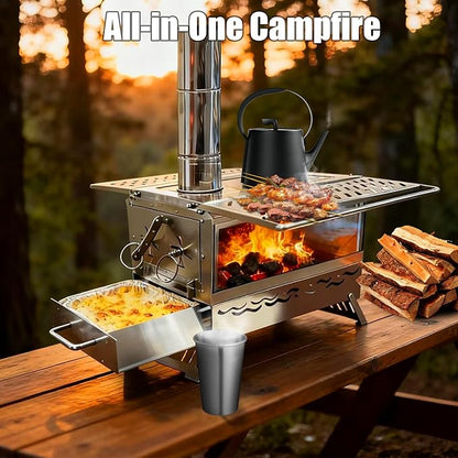 Hot Tent Stove, One-piece Molded Wood Burning Stove with Extra Baking Tray, Outdoor Stainless Steel Stove with 6 Chimney Pipes for Outdoor Heating, Cooking, Fishing(Non-Foldable, More Stable)