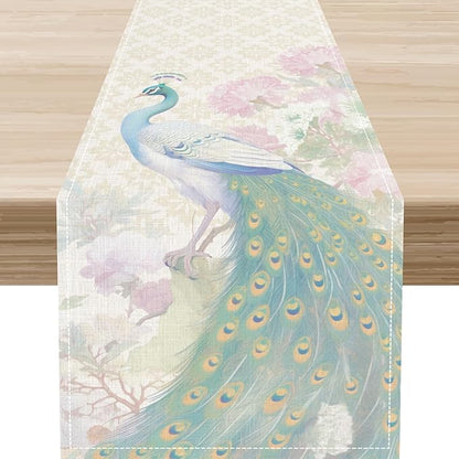 Peacock Table Runner,Rustic Traditional Chinese Style Watercolor Peacock Pink Flora Elegant Table Center Decor for Family Kitchen Table Decorations Indoor Outdoor, 13"x90"