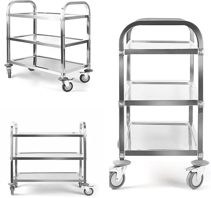 Nisorpa 3 Tier Stainless Steel Utility Cart L30 x W16 x H33 Inch Kitchen Rolling Carts with Wheels Serving Trolley Catering Storage Shelf with 2 Lockable Wheels for Hotel Restaurant Home Use