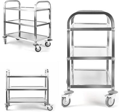 Nisorpa 3 Tier Stainless Steel Utility Cart L30 x W16 x H33 Inch Kitchen Rolling Carts with Wheels Serving Trolley Catering Storage Shelf with 2 Lockable Wheels for Hotel Restaurant Home Use