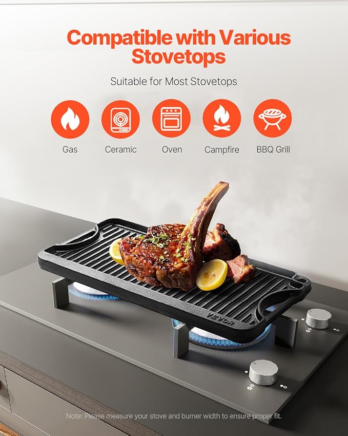 VEVOR Reversible Grill/Griddle, 20x10 inch Pre-Seasoned Cast Iron Griddle, Portable Rectangular Pan with Handle, Family Cookware for Indoor/Outdoor Stove Top Burner, Gas, Camping BBQ, Black