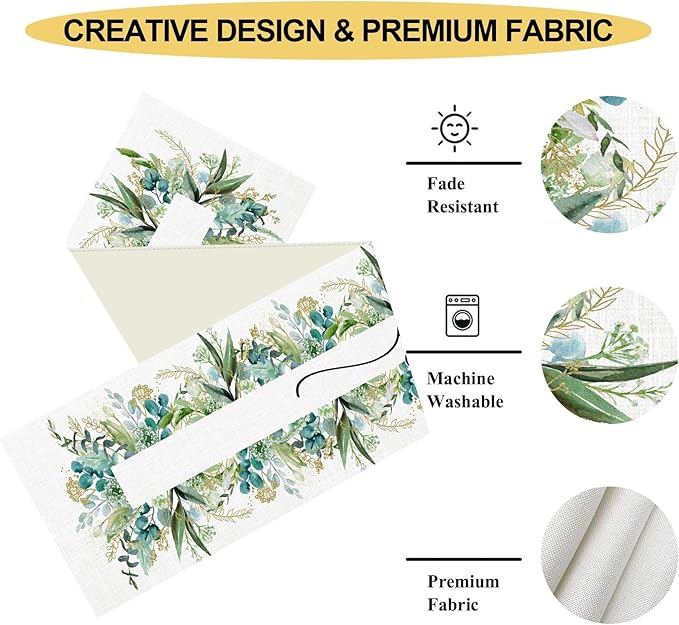 Farmhouse Table Runner, Green Gold Eucalyptus Spring Seasonal Plants Rustic Country Cafe Coffee Table Center Decor for Home Kitchen Dining Patio Indoor Outdoor Table Decorations, 13"x36" Inch