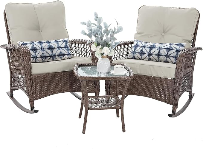Patio Furniture Set 3 Pieces, Wicker Outdoor Rocking Bistro Set, Pale White | by VonzoyHome