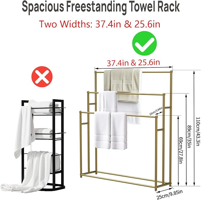 3 Tier Standing Towel Rack - Extra Wide Large Bathroom Towel Stand, Heavy-Duty Metal Towel Drying Rack for Poolside (Matte Black)