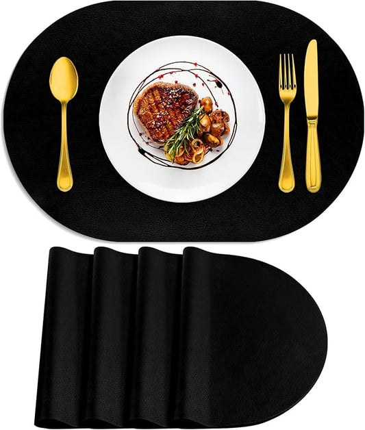 ADRIMER Placemats, Heat Resistant Oval Placemats Set of 4 Washable 12 x 17 Inch, Waterproof Table Mats, Wipeable Pu Place Mats for Kitchen, Dining Room, Black