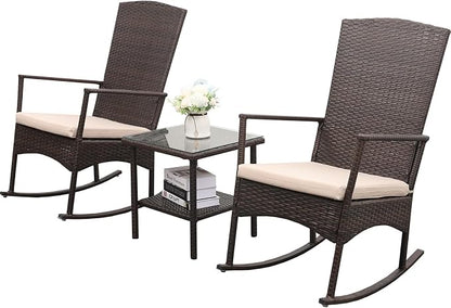 Outdoor HDPE Wicker Rocking Chair 3-Piece Patio Rattan Bistro Set 2 Rocker by Rattaner