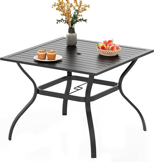 PHI VILLA 37 Inch Outdoor Dining Table Metal Steel Slat Square Patio Dining Table with 1.57" Umbrella Hole for Garden, Backyard and Porch (Classic Black)