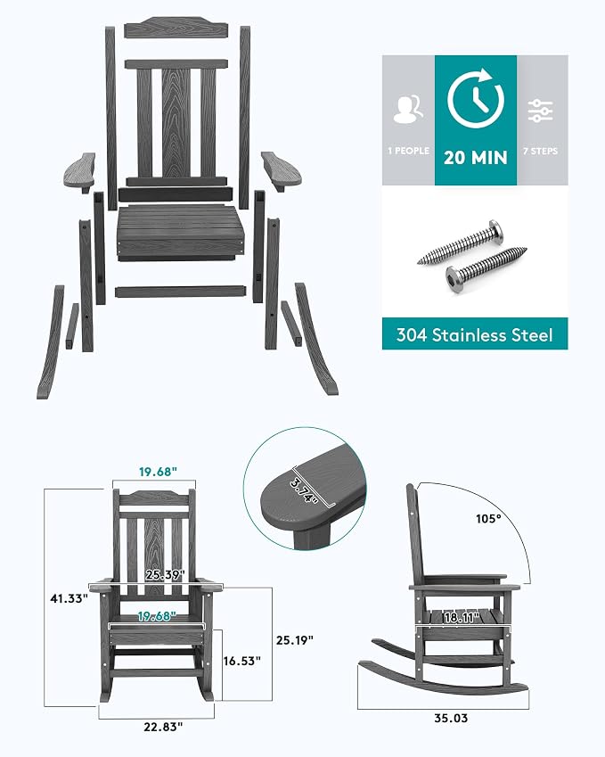 SERWALL HDPE Oversized Outdoor Rocking Chairs Set of 4, Patio Rocker, All - Image 6