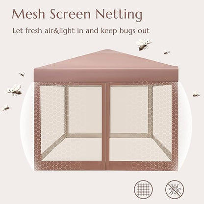 PHI VILLA 10 x 10 Pop Up Canopy Tent with Netting, Instant Gazebo, Ez up Screen House Room with Carry Bag, Height Adjustable, for Outdoor, Garden, Patio,Brown