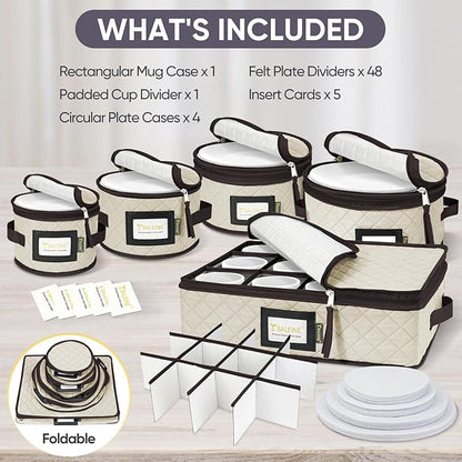 BALEINE China Storage Containers, Sturdy Quilted Wine Glass Storage, Plate Organizer with Carry Handles, Moving Boxes for Dishes, Cups, Mugs and Stemware (Plate Mug Combo, Soft Shell Cream)