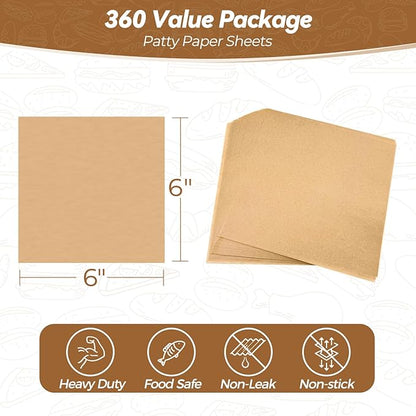 360 Count 6"x 6" Heavy Duty Patty Paper Sheets for Separating Patty, No-Stick & No-Leak Unbleached Parchment Paper Squares, Pre-cut Burger Patty Paper for Oven, Air Fryer, Microwave