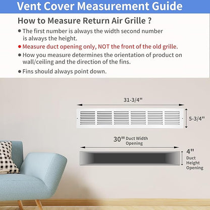 30"W x 4"H [Duct Opening Size] Steel Return Air Grille, Air Return Vent Cover for Ceiling and Sidewall - HVAC Air Vent Covers - [Outer Dimensions: 31.75"W x 5.75"H]
