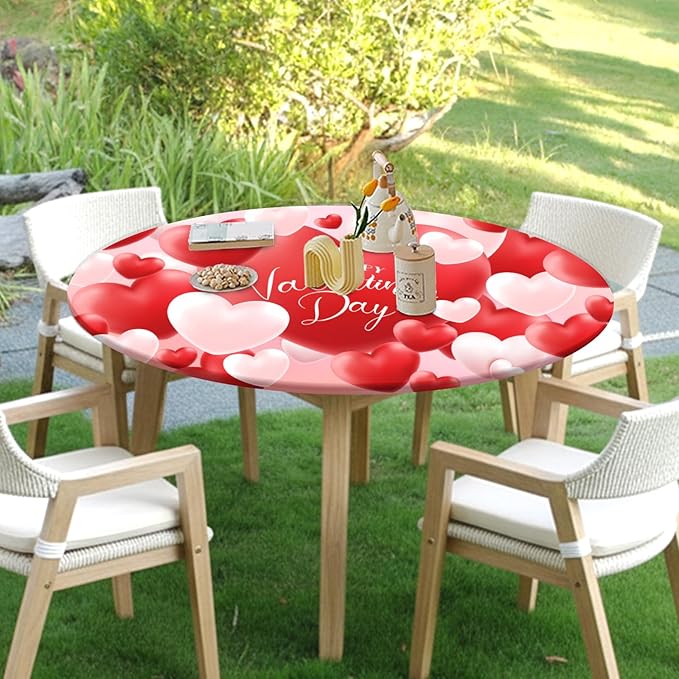 Valentines Day Round Fitted Tablecloth with Elastic Red White Love Heart Circle Table Cloth for 44-48" Round Tables Wipeable Waterproof Washable Valentine Table Cover for Picnic Dining Party Decor