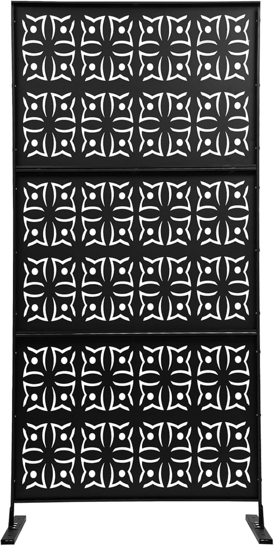 75" H×35" W Decorative Outdoor Privacy Screen with Stand, Outdoor Decor Privacy Fence Screen Metal Fence Panels, Free Standing Metal Divider for Patio Lawn Deck (Black-Orchid)