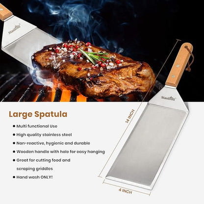 Stanbroil Large Metal Griddle Spatula Set with Long Flat Spatulas and Cast Iron Grill Press for Flat Tops, Griddles, Grills, Ovens and Stoves,Set of 4