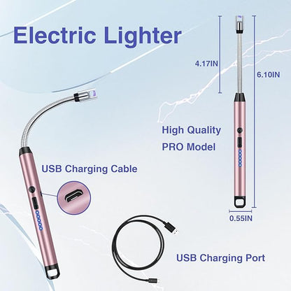 2 PCS Candle Lighter, Electric Lighter Arc Windproof Flameless with 360° Flexible Neck & LED Power Display, Lighters for Candle for BBQ, Grill, Camping, Fireplace, Stove(Pink)