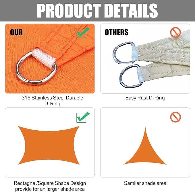 Neween Shade Sails, Waterproof Sun Shade Sail Rectangle UV Block Canopy Sun - Image 5