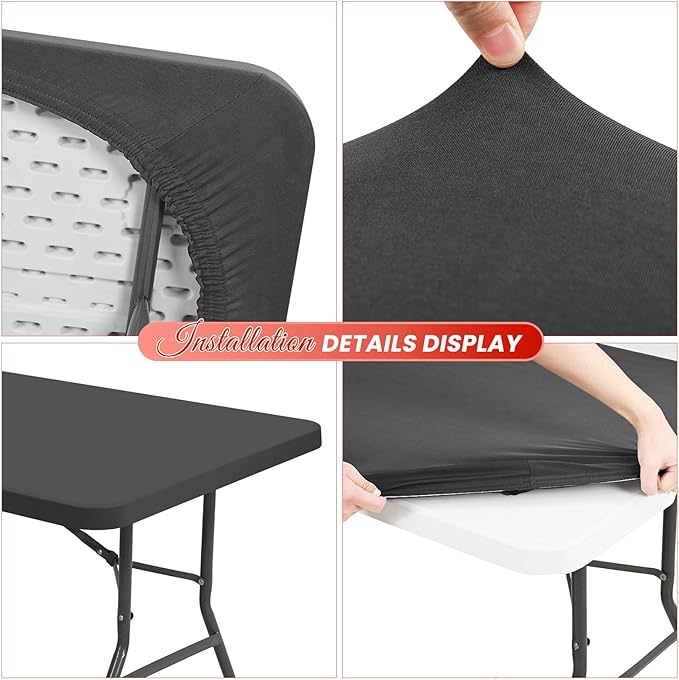 6 Pack Stretch Fabric Table Top Cap Cover, Gray Table Covers fits 8Ft Tables, Washable Elastic Universal Rectangle Tablecloth Protector for Indoor Outdoor Party Picnic Wedding (30" W x 96" L)
