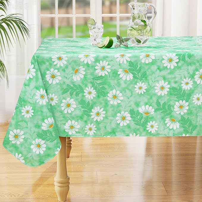 misaya Rectangle Waterproof Vinyl Table Cloth, Wipeable Tablecloth with Flannel Backing, Plastic Table Cover for Dinner, Picnic, Indoor and Outdoor (Green Daisy, 60" x 102")