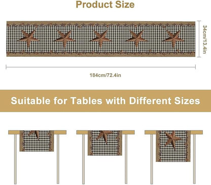 Rustic Star Table Runner, Vintage Wood Barn Black Grid Western Texas Farmhouse Country Print Table Runner for Home Party Patio Indoor Outdoor, 13x120inch