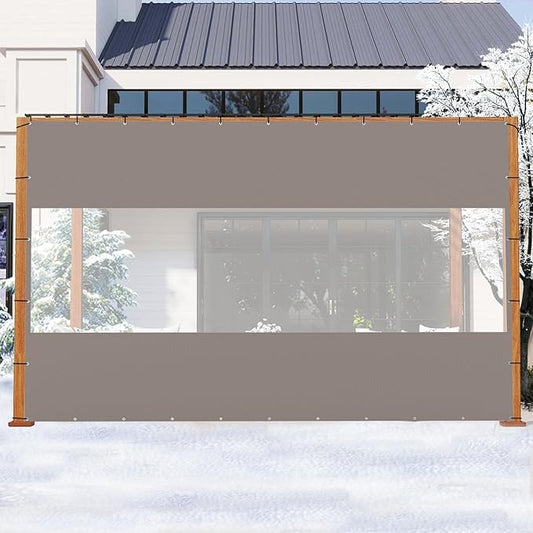 Domi Heavy Duty Outdoor Clear Panel Curtain, 18 oz Waterproof PVC Polyester Curtain, Weather Resistant & Tearproof for Patios, Gazebos, Pergolas, Privacy Screen (8'H x 12'W, Gray)