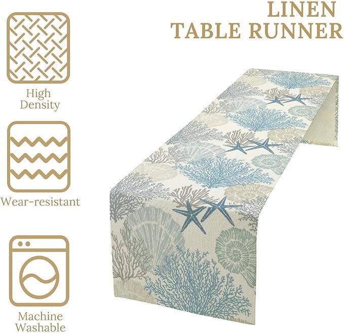 Blue Teal Coral Table Runners, Summer Beach Starfish Coastal Coffee Table Runners for Wedding Party Banquet Dining Holiday 13x90in