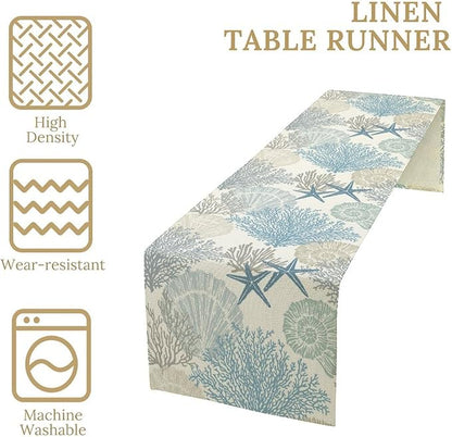 Blue Teal Coral Table Runners, Summer Beach Starfish Coastal Coffee Table Runners for Wedding Party Banquet Dining Holiday 13x90in