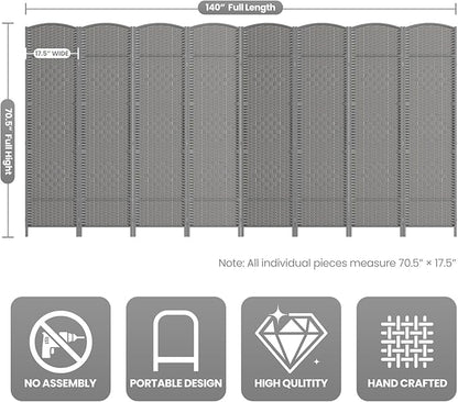 8 Panel Room Divider,6Ft Folding Privacy Screen,Tall - Extra Wide Foldable Panel Partition Wall Divider with Diamond Double-Weaved Hand-Woven Design Room Screen Divider