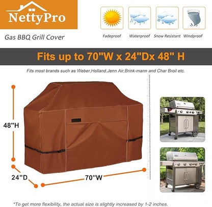 NettyPro Grill Cover for Outdoor Grill 70 inch Waterproof Heavy Duty Gas BBQ Grill Cover for Outside Weber, Char-Broil, Brinkmann, Jenn Air, Nexgrill 3-5 Burners Barbecue, Brown