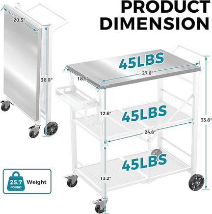 Ciokea Folding Outdoor Grill Cart with Wheels, 3-Shelf Grill Table with 27x18 inch Stainless Steel Top, Rolling Pizza Oven Stand, Metal Portable Cart for BBQ Patio Camping (White)