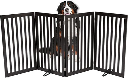 INTERNET'S BEST Dog Gate with Support Feet, Indoor Freestanding Pet Barrier, Folding Wood Cat or Dog Fence, Extra Wide Doorway Puppy Gates, 4 Panel - 36", Espresso