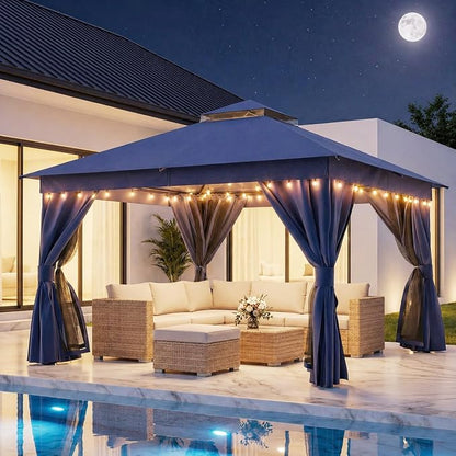 12'x12' Outdoor Gazebo with 100FT String Lights, Metal Heavy Duty Patio Canopy by LAUSAINTHOME