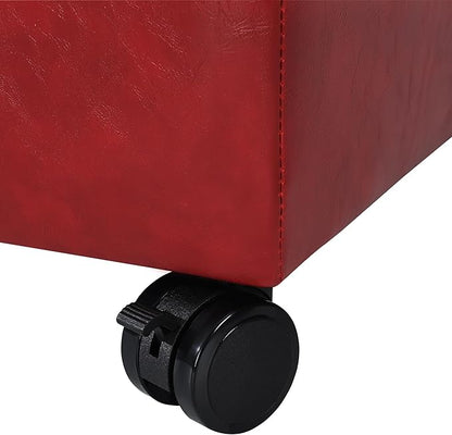 Homebeez Storage Ottoman Footrest Stool with Rolling Wheels, Red PU Leather Tufted Cube with Hinged Lid, 17.7" Multifunctional Furniture for Living Room, 300lb Capacity
