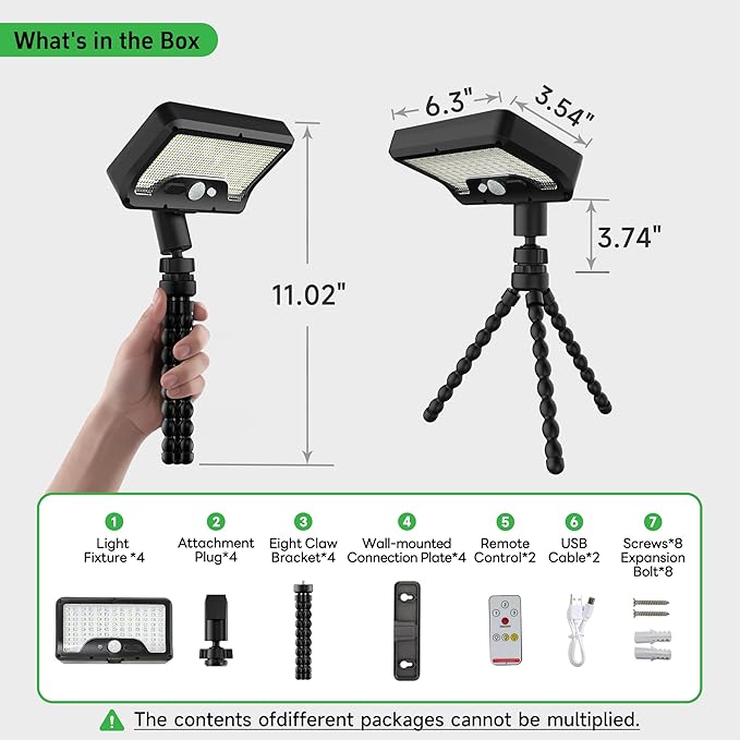 Solar Motion Sensor Outdoor Lights with Flexible Octopus Tripod, 600LM Lights with AC/DC Wired, IP65 Waterproof Adjustable Fixture Black for Camping Outside [4-Pack]