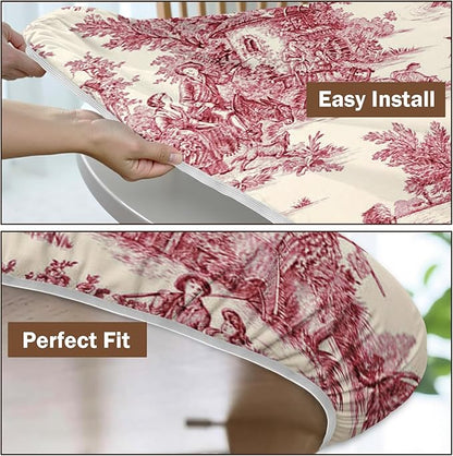 French Country Round Fitted Tablecloth with Elastic Vintage Red Circle Table Cloth for 44-48" Round Tables Wipeable Waterproof Rustic Burgundy Pink Village Table Cover for Dining Patio Picnic Decor