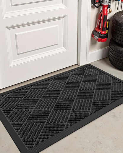 DEXI Front Door Mat Outside Entrance, 17x29 Rubber Entry Doormat Heavy Duty, Welcome Mats Non Slip for Inside House Floor Entryway Back Doors Exterior Patio, Diamond Black