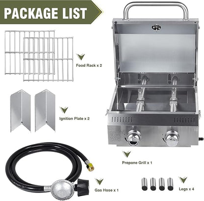 All-in-One Outdoor Grill Table with Built-in 2-Burner Propane Gas Grill – Portable Stainless Steel Cooking Station with Storage, Hooks & Lockable Wheels for Camping, Tailgating, Backyard BBQ