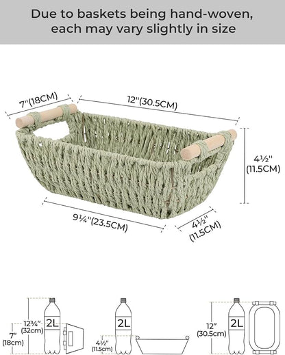 StorageWorks Round Paper Rope Woven Basket with Wooden Handles for Gifts, Small Woven Baskets for Shelf, Bosana Green, 2-Pack