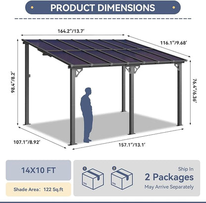10x14FT Lean to Gazebo Pergola Patio Pergolas withSloped Roof | Large Wall - Image 2