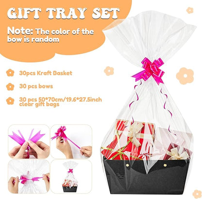 Tuanse 30 Pcs Basket for Gift Empty DIY Bulk Gift Basket Kit with Handle Kraft Cardboard Tray with 30 Bag 30 Bow Market Tray for Wedding Party(Black,12.6 x 9.8 x 5.9 in)