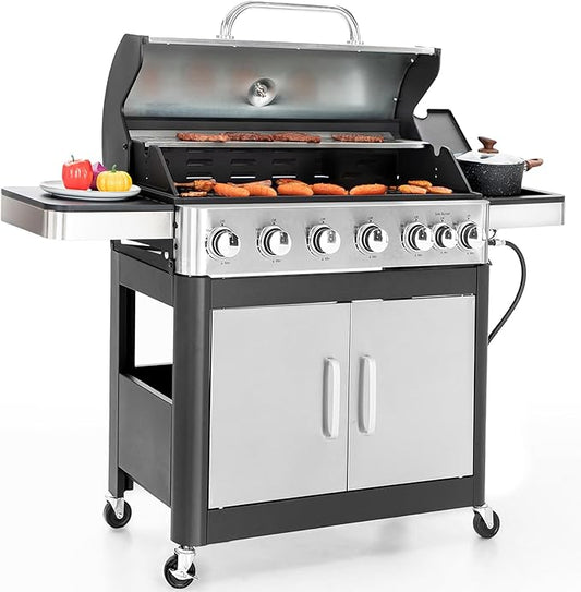 Sophia & William 6-Burner Propane Gas BBQ Grill with Side Burner & Porcelain-Enameled Cast Iron Grates, Stainless Steel Barbecue Grills Outdoor Cooking for Outside, 665 SQ.IN. Cooking Area, 65,800BTU
